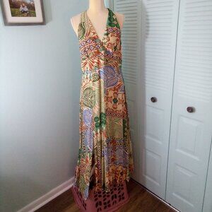 VINCE CAMUTO L HALTER T BACK TROPICAL FRONT SLIT SIDE ZIP TAN GREEN BLUE BROWN